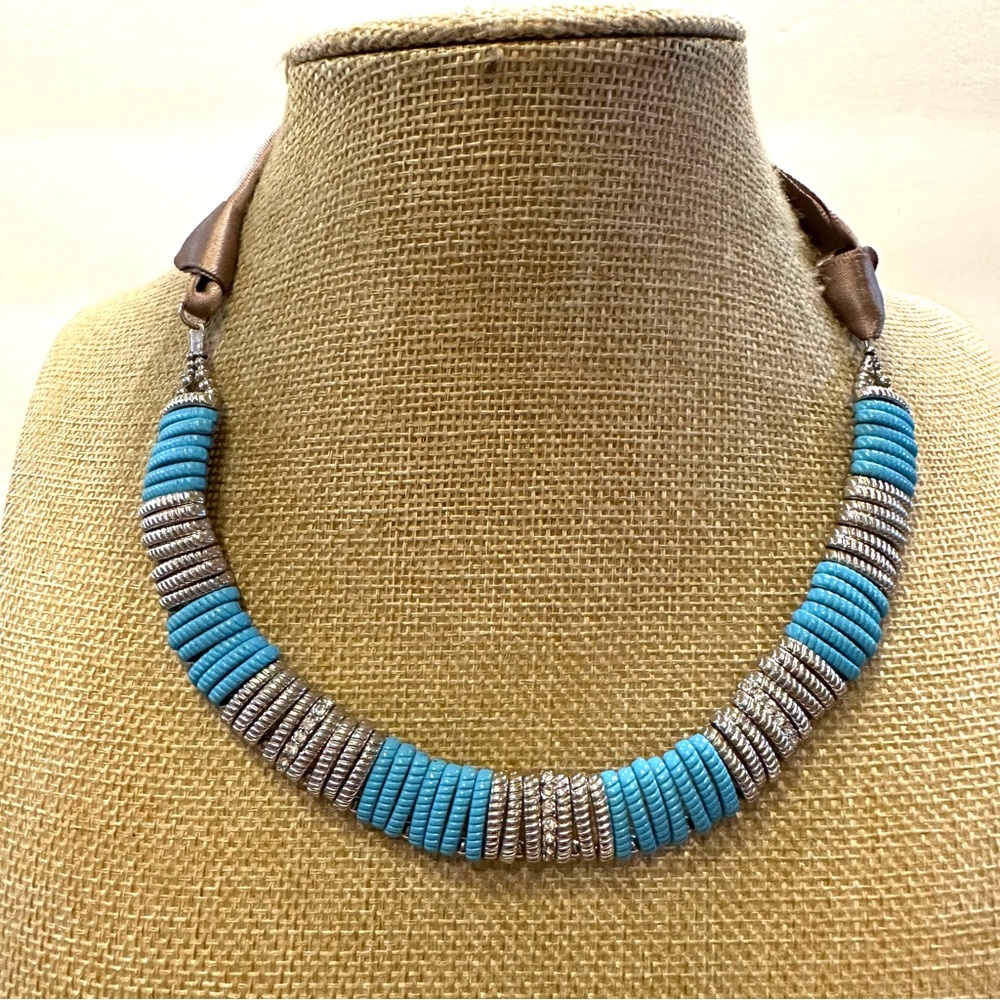 NWT Ali-Khan New York Necklace - turquoise & silver beads w/ rhinestones, ribbon